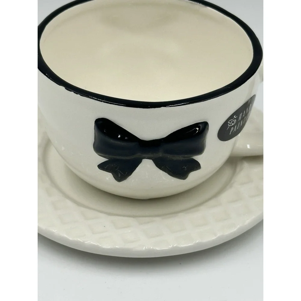 Parisian Black Bow Cup & Saucer Set Hand Painted Ceramic Valentine Gift